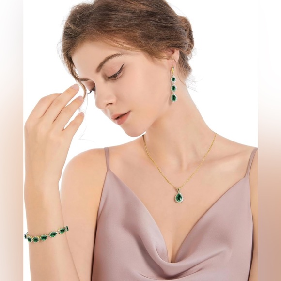 Necklace Long Earrings Bracelet Gold Plated Created Blue Sapphire Jewelry - Picture 2 of 5